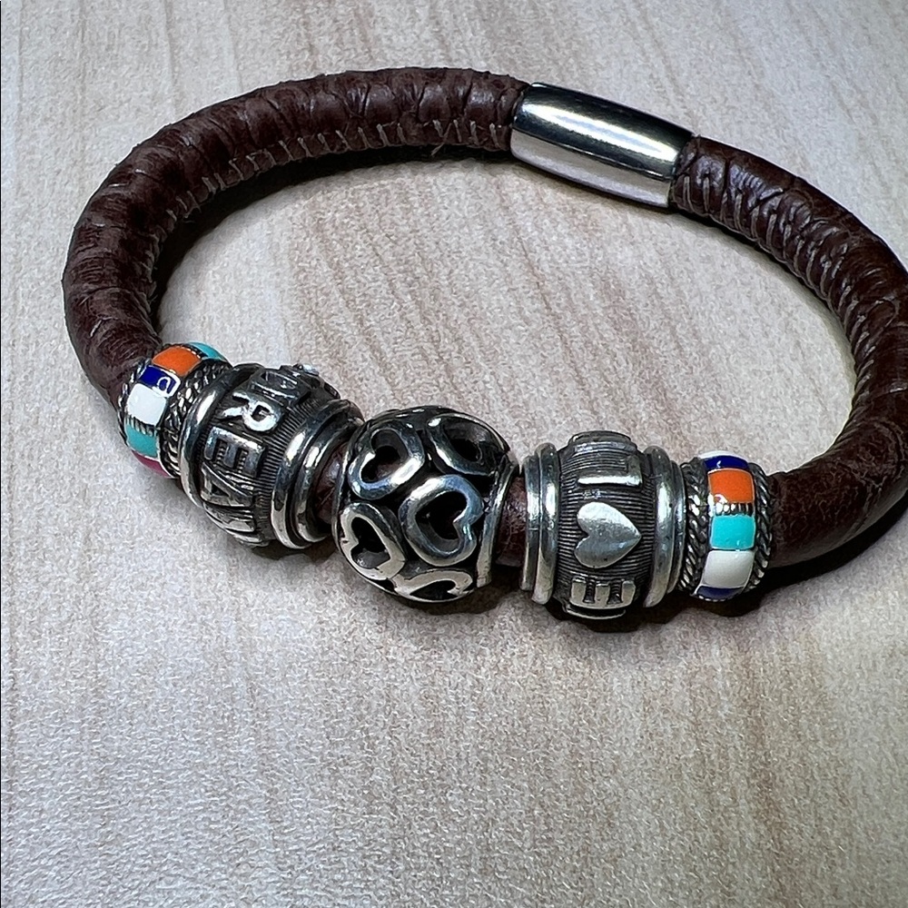 Brown Woodstock  Leather Bracelet with Silver beads. - Picture 2 of 4